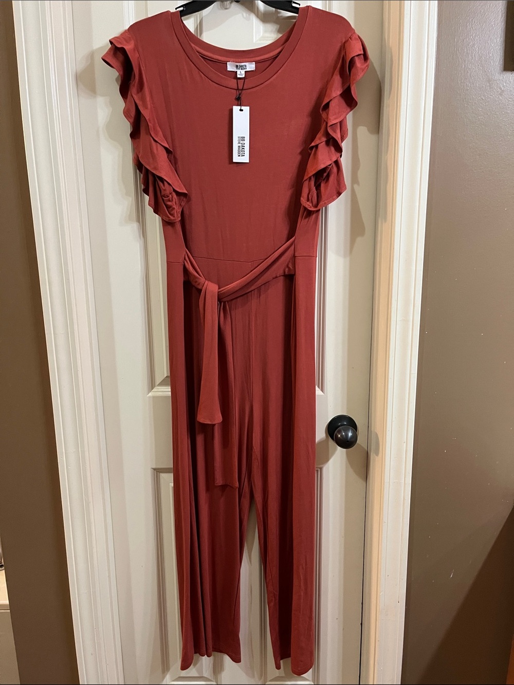 Steve Madden Rust Red Ruffle Sleeve Jumpsuit with Tie Waist
